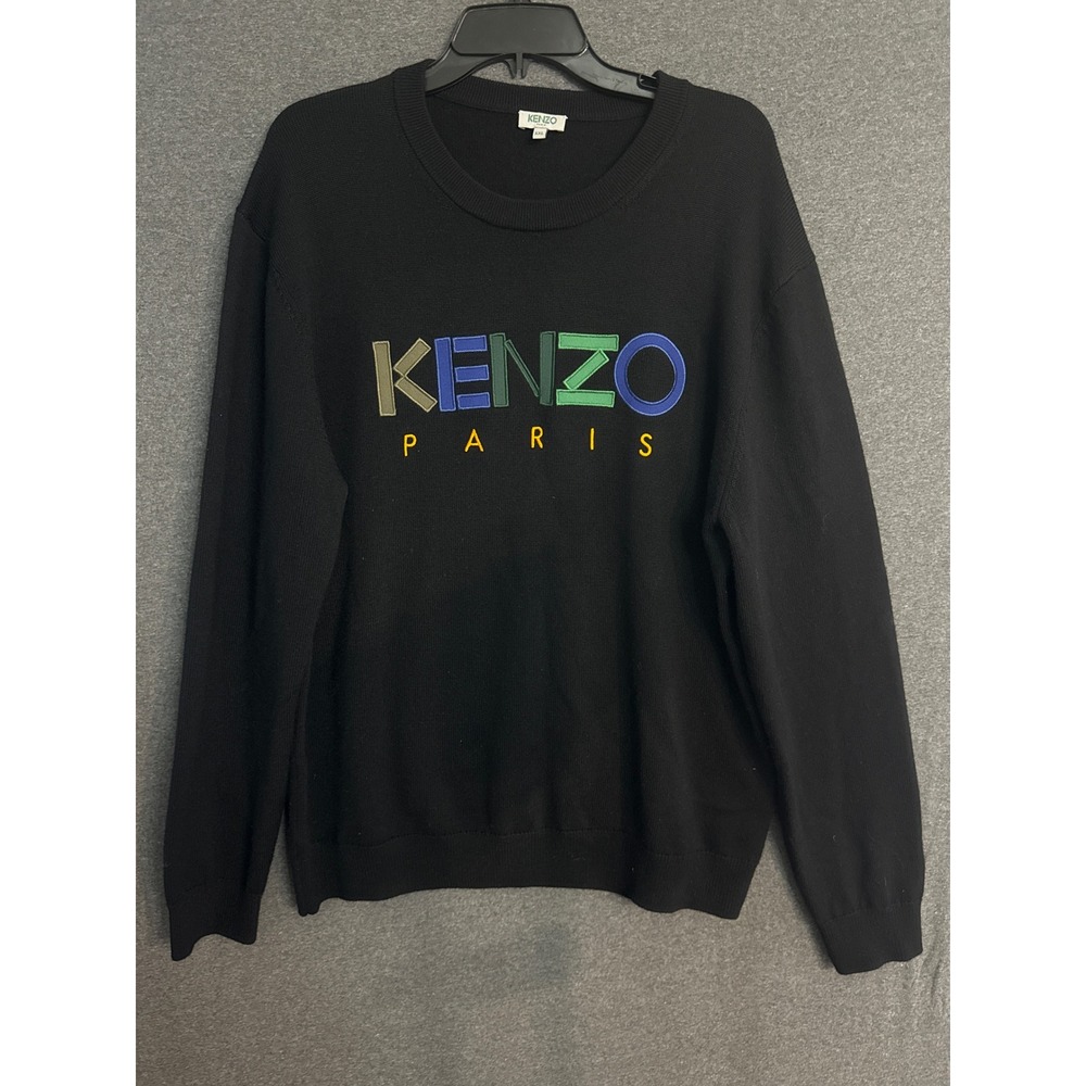 Kenzo Paris Black Embroidered Logo Wool Knit Sweater XXL Men's Casual preppy